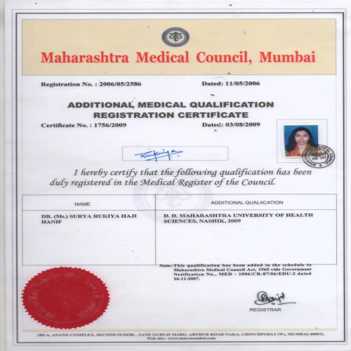 Maharashtra Medical Council | Certificate of Registration | Dr Rukiya Surya | Mumbai