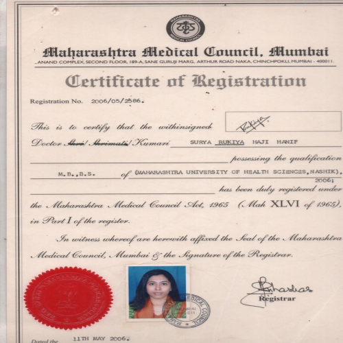 Maharashtra Medical Council | Certificate of Registration | Dr Rukiya Surya | Diabetologist & Thyroid Specialist
